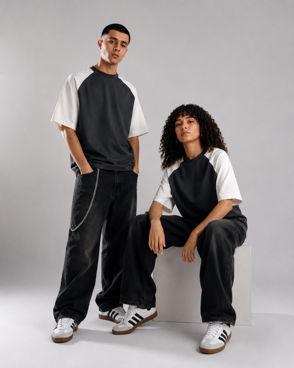 ARO Dual Tone Raglan Oversized T-Shirt – Charcoal & Off White